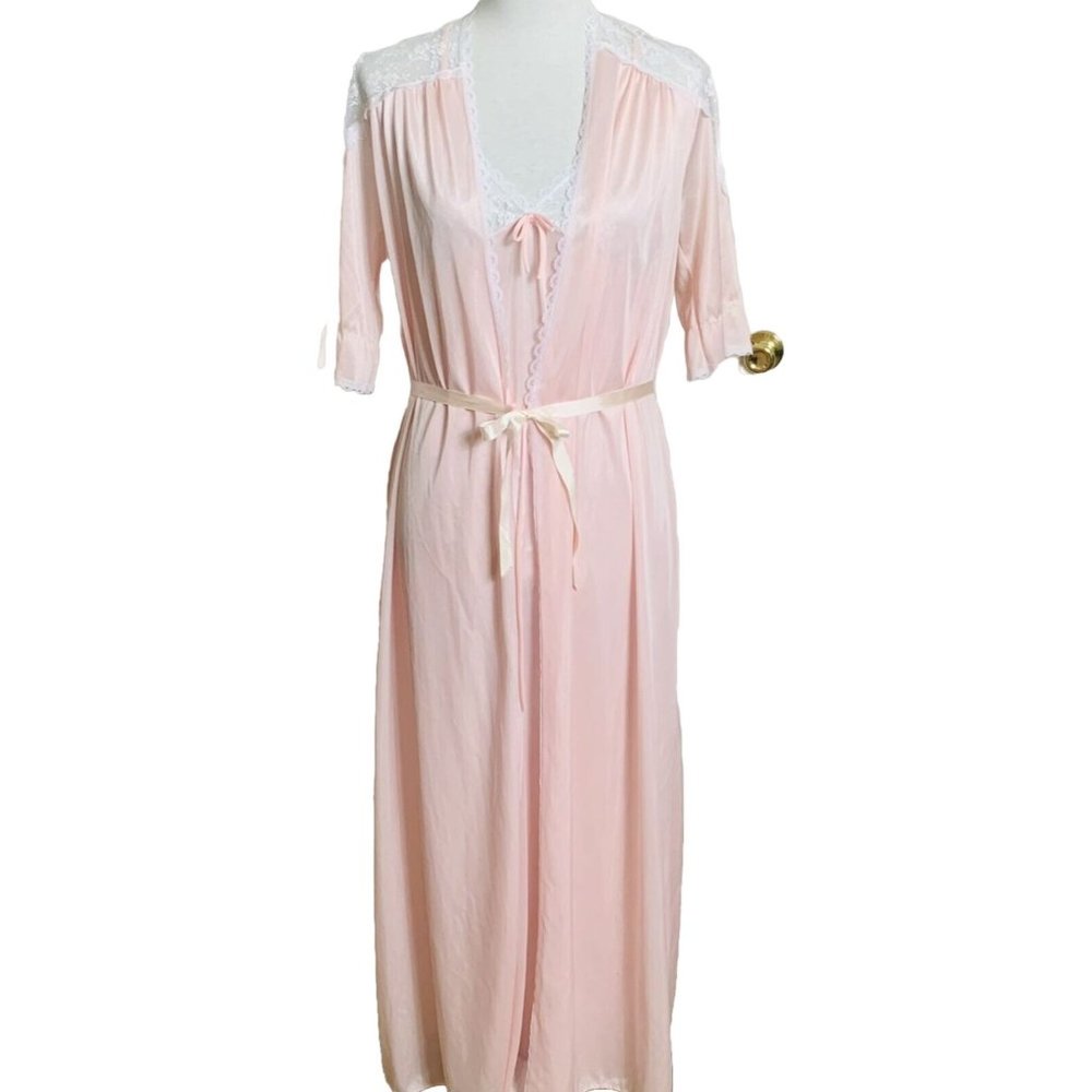 VTG Paramount Retro 70s Nightgown Robe Size S Pink Nylon Lace Hollywood Regency